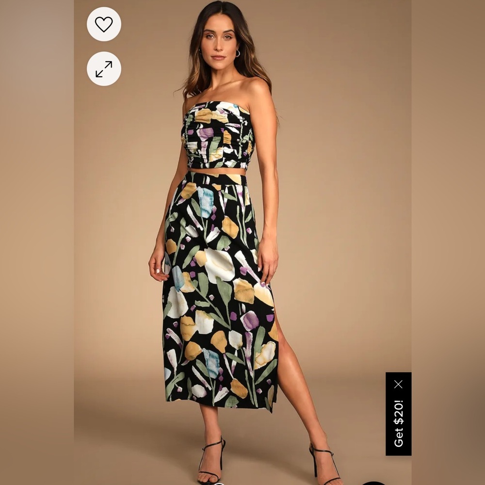 Lulus Super Bloom Black Floral Print Midi Skirt and top set